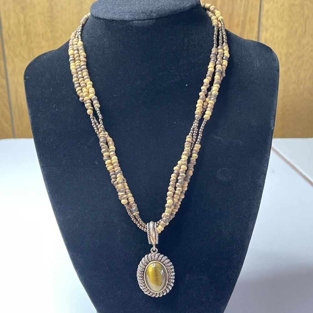 AVON‎ 3 Strand Silvertone Wood Metallic Glass Beads Tigers Eye Pendant Necklace!